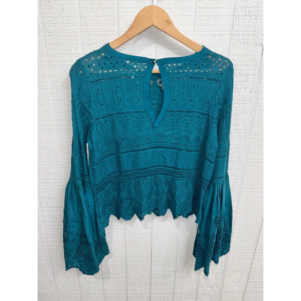 Free People Crochet Knit Top Women Teal Blue Bell Sleeve Lace XS
